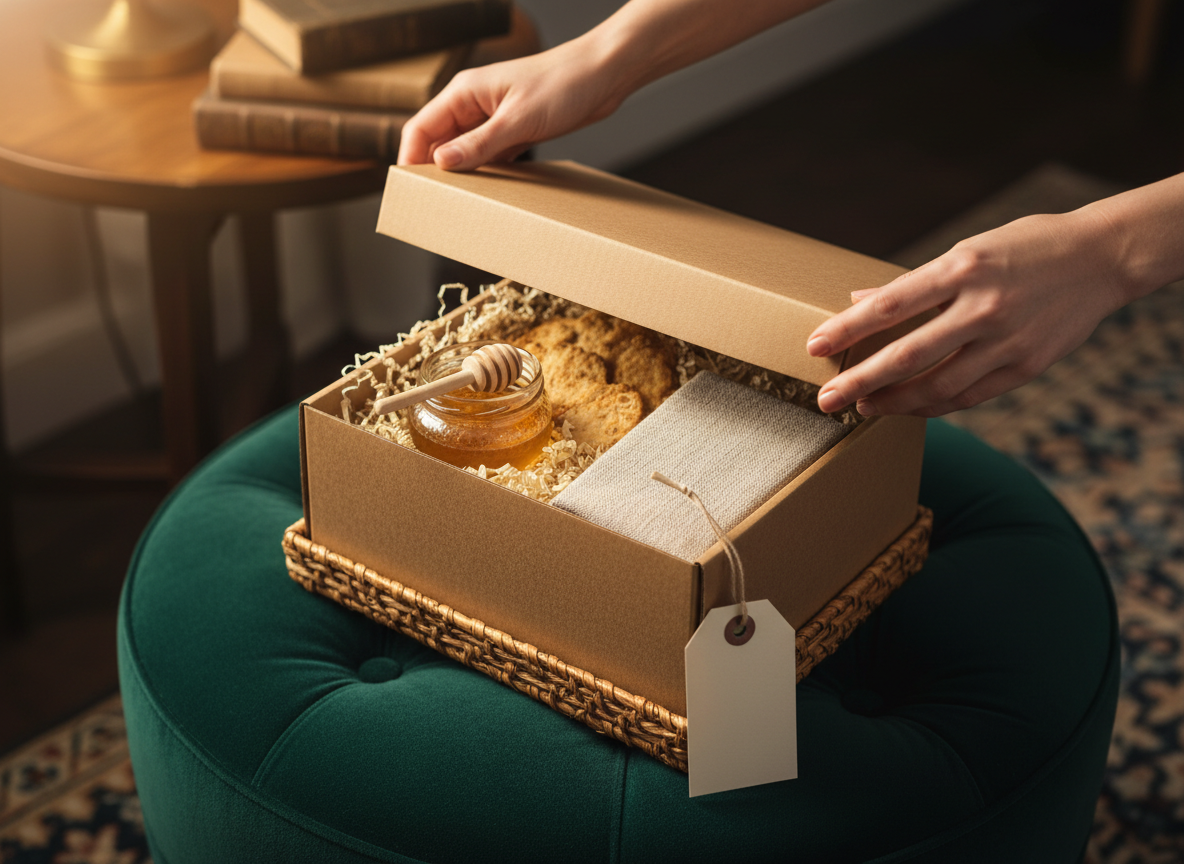 A close-up, detailed view of a luxury gift basket being carefully opened on a tufted velvet ottoman in a refined living room. The lid of a sturdy kraft box lifts to reveal neatly nestled shredded paper, a glass honey jar with a tiny wooden dipper, artisan crackers, and a linen-wrapped cheese board. A small, blank hanging tag suggests pricing without visible numbers. Warm, diffused lamp light from the side creates soft reflections on glass and metal, enhancing textures of fabric, wicker, and paper. Shot in tight, cinematic framing with shallow depth of field, the mood is intimate, sophisticated, and cozy, highlighting craftsmanship and quality.