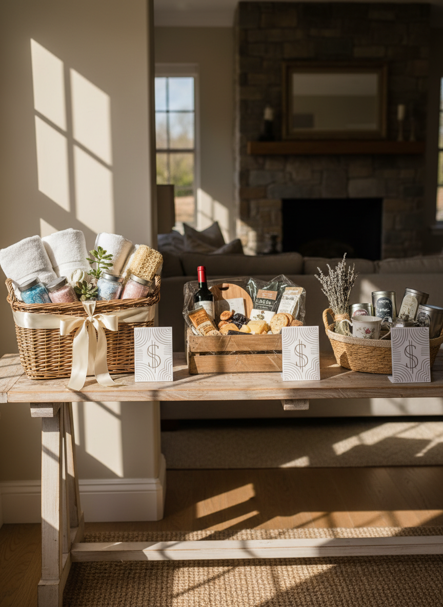 An inviting entryway console table in a stylish cottage home, topped with three different completed gift baskets in varying sizes: one spa-themed with rolled white towels and bath salts, one gourmet with cheeses and crackers, and one tea-focused with loose leaf tins and a porcelain mug. A simple framed price card is visible beside each basket, showing clean, minimal design without readable text. Soft afternoon light from a nearby window casts long, elegant shadows across the table. The scene is captured from a slightly elevated angle, with balanced composition and natural colors, creating a polished, boutique ambiance in photographic realism.