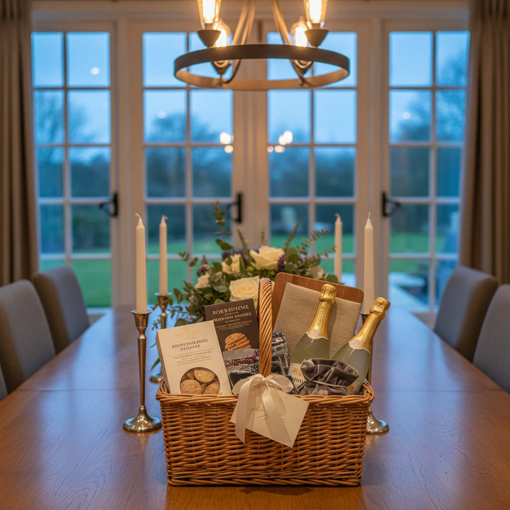 An elegant dining table staged for a small celebration in a refined cottage interior, with a single statement gift basket placed at the center as the focal point. The basket features a combination of sparkling non-alcoholic beverage bottles, artisan crackers, chocolate truffles, and a linen-wrapped cutting board, with a subtle, blank tag suggesting a premium price point. Tall candles and a simple floral arrangement frame the basket without overpowering it. Warm overhead chandelier light combines with faint twilight through the windows, creating layered, atmospheric lighting. Captured at eye level with moderate depth of field, the composition feels upscale yet welcoming, in polished photographic realism.