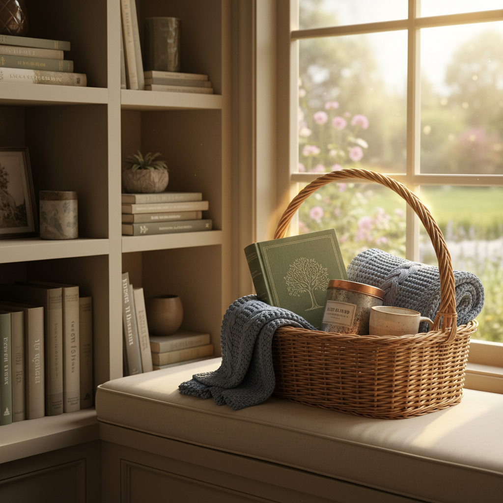 A cozy reading nook with a cushioned window seat and built-in shelves, where a single, thoughtfully assembled gift basket is presented as if ready to be given. The basket holds a hardcover book, a knitted throw, a tin of loose tea, and a small ceramic cup, all in muted, harmonious tones. Golden hour sunlight pours in through the window, creating a gentle halo on the basket handle and soft bokeh outside. Shot from a three-quarter angle with the basket placed on the rule of thirds, the image feels serene, intimate, and sophisticated, emphasizing the idea that every gift from this cottage-inspired brand feels like home.